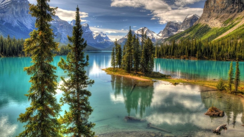 tranquil scene, landscape, canada, coniferous tree, mountain, non-urban scene, tree, scenics - nature, alberta, 1080P, outdoors, national park, lake, sky
