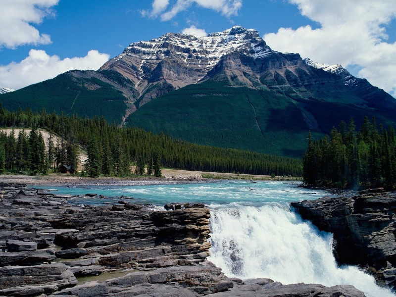 athabasca falls, Canada, mountains, Jasper National Park, landscape, 720P, waterfall, river, athabasca river