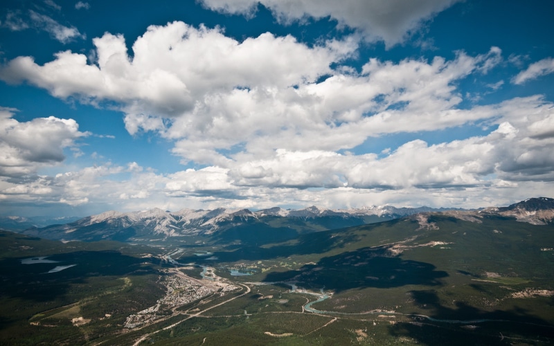 2K, river, Canada, town, aerial view, mountains, Jasper National Park, landscape