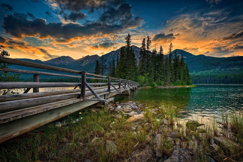 beauty in nature, tranquil scene, mountain, trees, summer, 720P, tranquility, tree, scenics - nature, bridge, Jasper National Park, bridge - man made structure