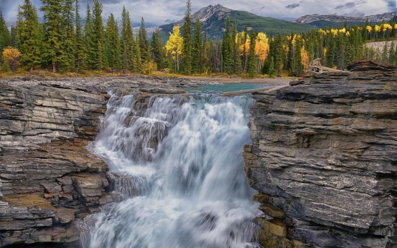 solid, falls, land, kilometers, alberta, park, forest, canada, parkway, power in nature, flowing water, non-urban scene, upper, river, athabasca, jasper