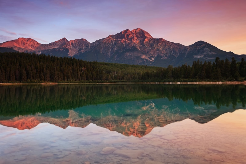 nature, reflection lake, tranquility, waterfront, non-urban scene, sunset, plant, body, no people, Jasper national Park, Pyramid mountain, formation, brown