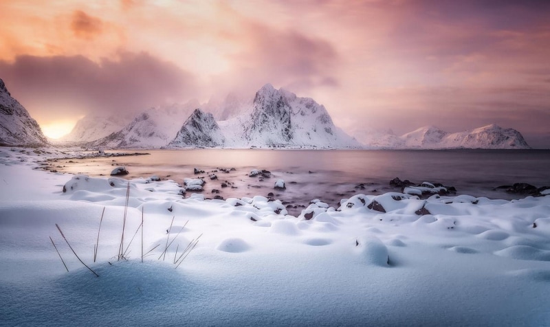 mountains, clouds, scenics - nature, environment, sunlight, Lofoten Islands, Norway, fjord, winter, beauty in nature, 720P, sky, cloud - sky, landscape