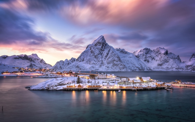 Archipelago, Fjord, Norway, Lights, Lofoten, Dusk, Village, Mountains, Snow, 1080P, Island