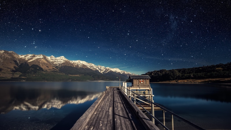lake, 2K, nature, night, stars, mountain, pier, calm