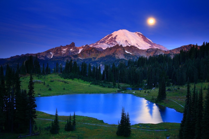 night, body, wide, landscape, moon, lake, 1080P, washington, mountains, reflection, moonlight, water, lakes