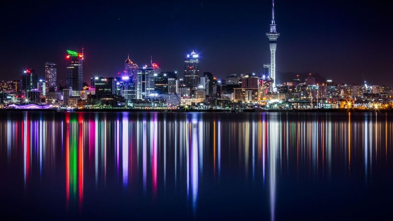 winter, night, sky, skyline, pano, new zealand, city, cityscape, downtown, city lights, metropolis, auckland, reflection, water, 4K, skyscraper