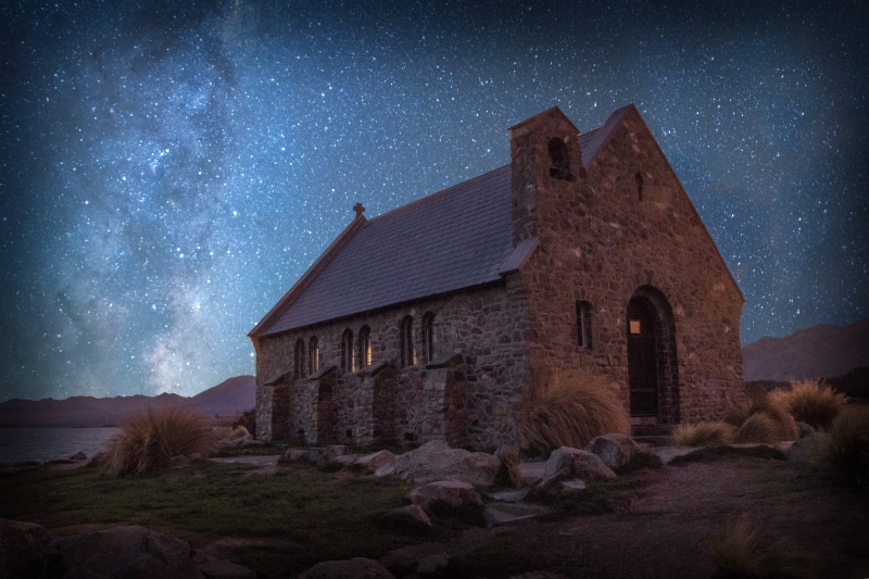 milky way, building, built structure, galaxy, lake tekapo, building exterior, scenics - nature, night, star field, place of worship, sky, architecture