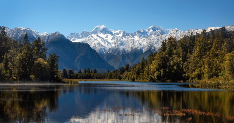 Lake Matheson, New Zealand, the sun, lake, Matheson, 1080P, trees, the sky, mountains