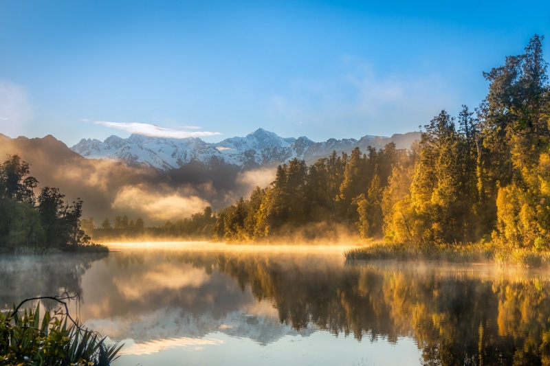 Sunrise, Aotearoa, Sky, Forest, Nature, Glow, Lakes, Lake, South Island (New Zealand), Southern Alps, Fog, Landscape, Lake Matheson, 1080P, Mountain, Mount Cook