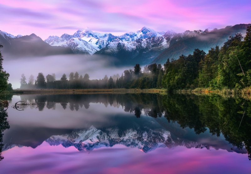 mount cook, Fox glacier, Southern Alps, National Park Westland, mountains, fog, Lake Matheson, South island, New Zealand, lake, early in the morning, forest