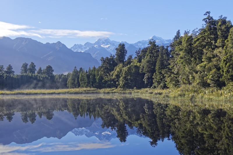 5K, reflection, waters, non-urban scene, sky, trees, mountain, coniferous tree, beside, new zealand, no people, mount tasman, body, idyllic, day, tranquility