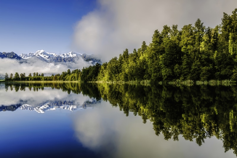 New Zealand, mountains, reflection, Southern Alps, Lake Matheson, lake, 2K, forest