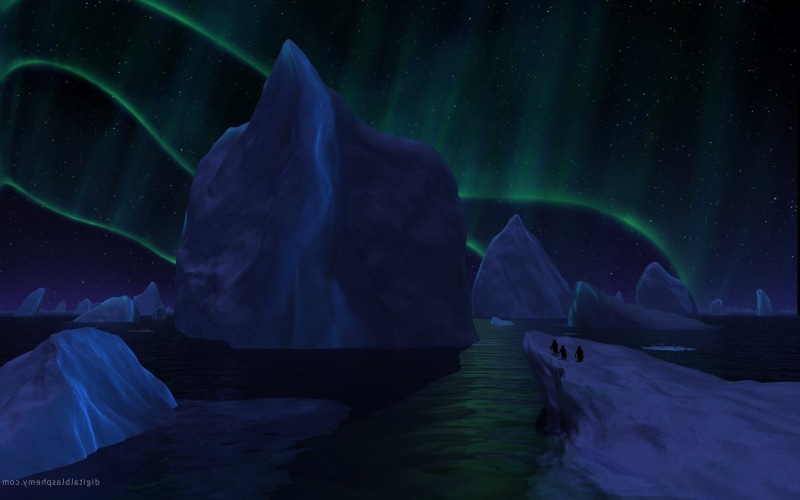green color, astronomy, illuminated, night, tranquility, nature, cgi, scenics - nature, Aurorae, sea, Digital Blasphemy, cold temperature, sky, ice, beauty in nature
