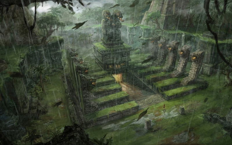 inca, lara, mayan, fantasy, conceptual, drops, raider, architecture, rain, underworld, croft, 1080P, artwork, aztec, jungle, tomb, buildings