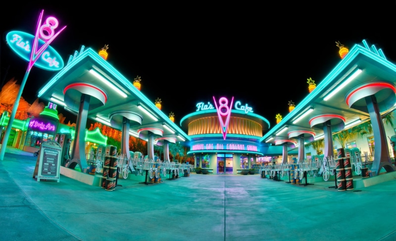arts culture and entertainment, Cars Land, flo, nature, cafe, illuminated, multi colored, cars, flos, California, Disney California Adventure, luxury, city