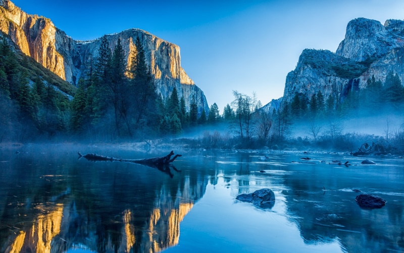 water, Yosemite Valley, 2K, river, California, mist, nature, landscape, trees, Apple Inc., Yosemite National Park, USA, reflection, OS X