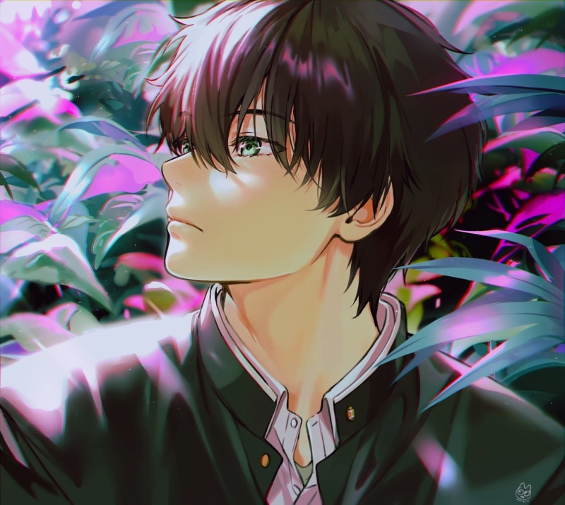 green eyes, 720P, Hyouka, Oreki Houtarou, black hair, school uniform, short hair, anime boys, fan art, 2D