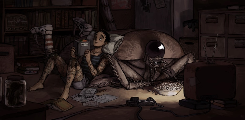 Kasukabe (Dorohedoro), fan art, black hair, 2D, anime boys, tattoo, 720P, Jonson (Dorohedoro), short hair, insect, Dorohedoro, TV