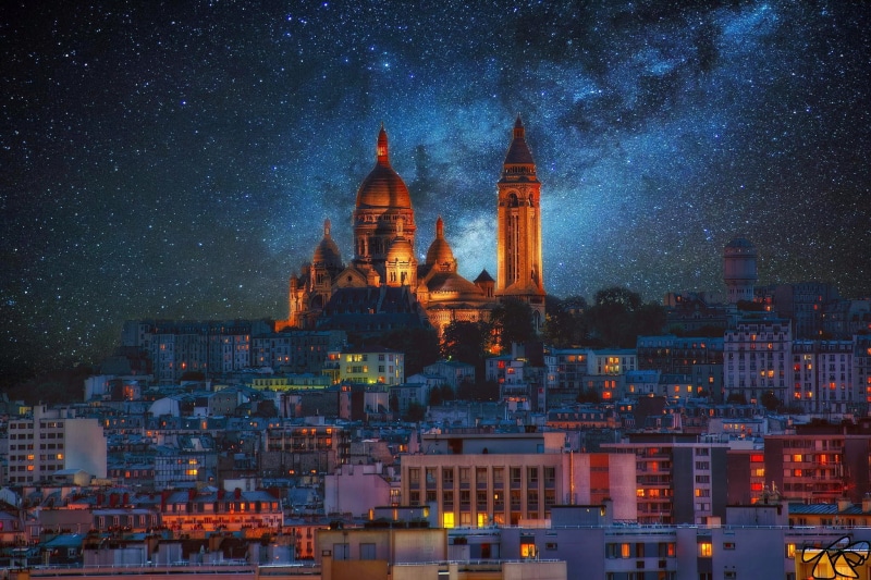 illuminated, outdoors, spirituality, tower, skyscraper, office building exterior, stars, Paris, space, night, no people, star - space, cityscape