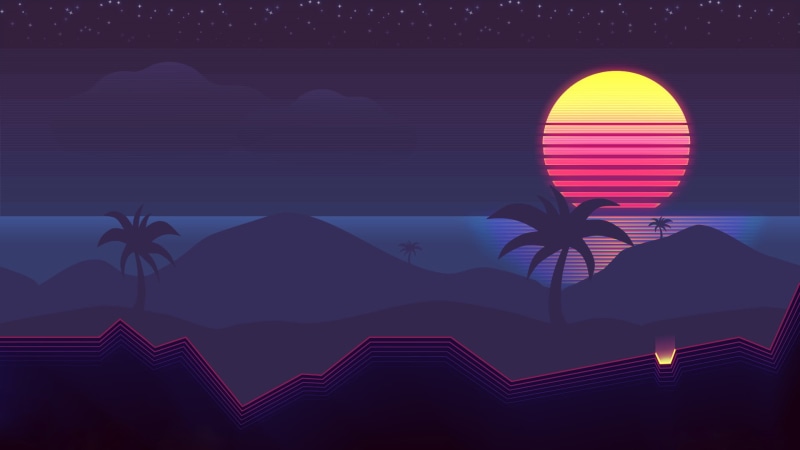 digital art, Sun, landscape, Retrowave, synthwave, palm trees, 1080P