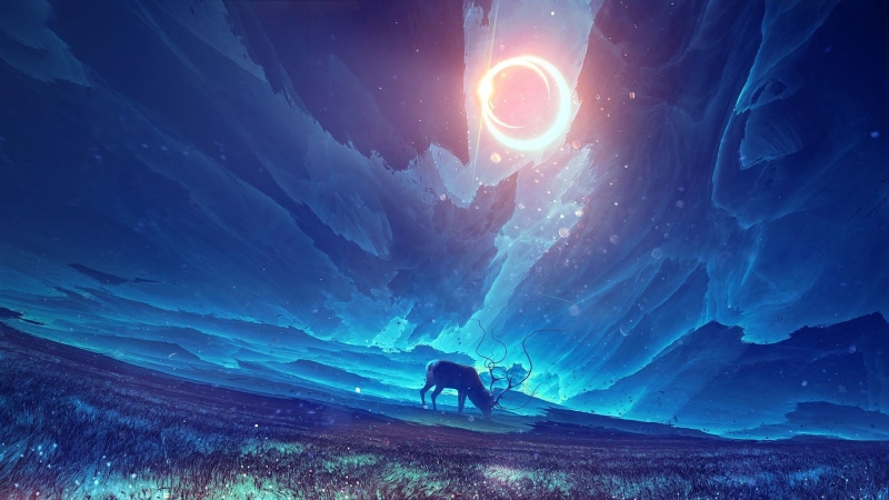 sky, animals, sunlight, concept art, deer, fantasy art, elk, landscape, abstract, magic, solar eclipse, artwork, field, Kuldar Leement, 1080P