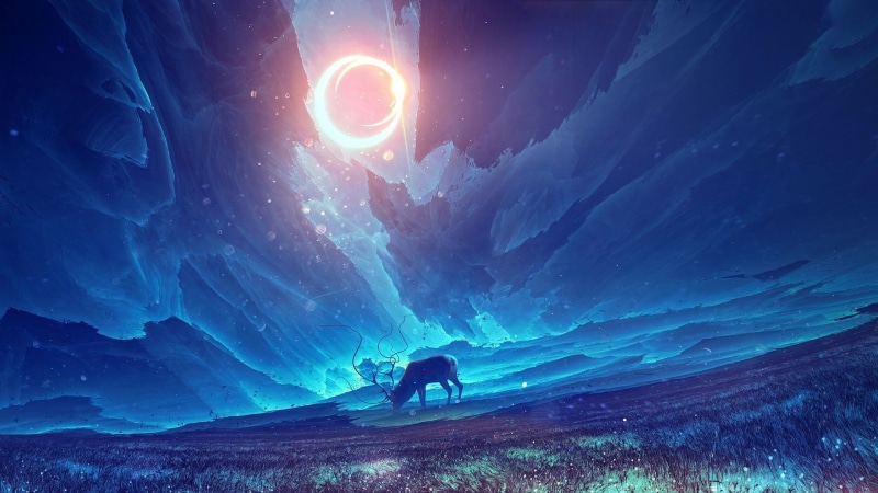 environment, mountain, silhouette, beauty in nature, mountain peak, people, lens flare, scenics - nature, 1080P, men, snow, landscape, sky, outdoors, artwork concept art fantasy art elk sunlight field solar eclipse