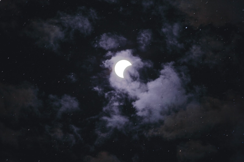photo, cloudy, half moon, dark, moonlight, science, beauty in nature, low angle view, space and astronomy, scenics - nature, outdoors, astrology, star - space