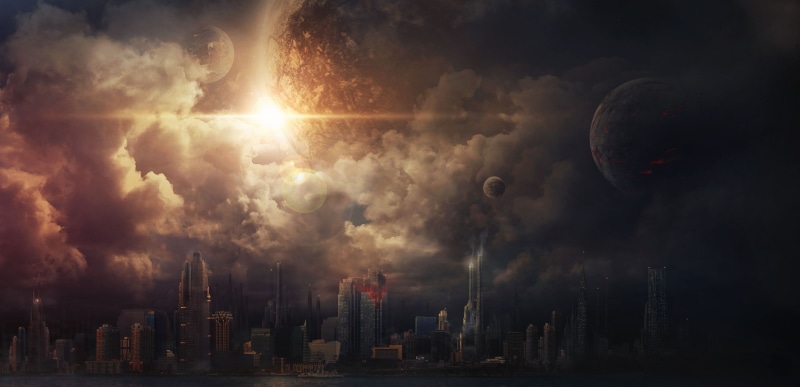  digital, space art, cityscape, development, architecture, planet, outdoors, sky, building exterior, city, apocalyptic, digital art, smoke - physical structure