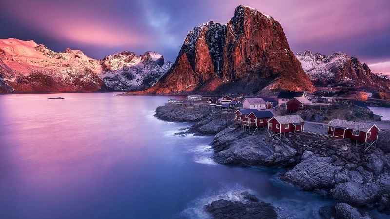 beauty in nature, idyllic, sky, europe, nature, houses, rock formation, sea, cliff, rock, red houses, village, mountain range, tranquility, purple, tranquil scene