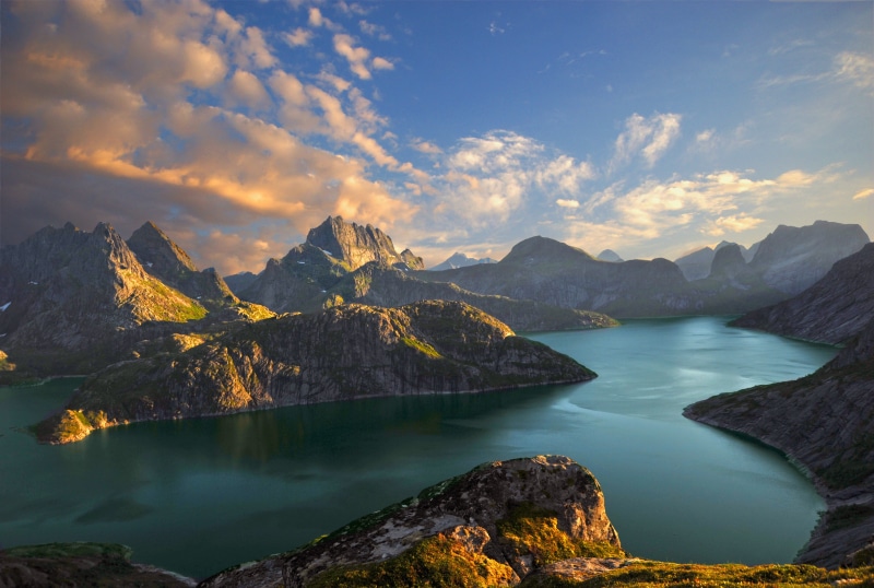 sunset, mountain, mountain range, fjord, tranquil scene, 4K, tranquility, beauty in nature, nature, mountains, remote, outdoors, photo, Norway, lake, solid