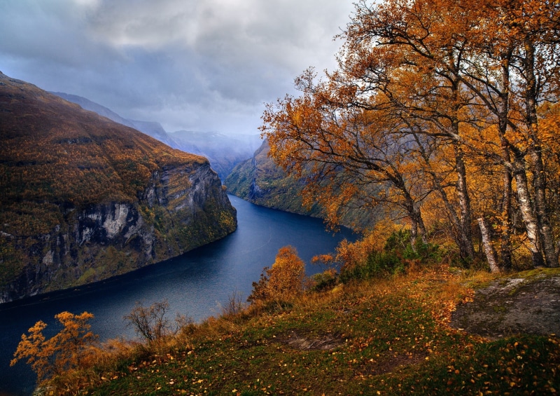 Geiranger, fall, landscape, grass, mountains, trees, 1080P, clouds, Norway, nature, fjord