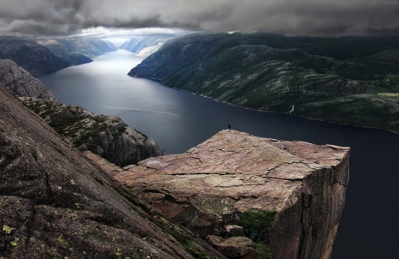 rock, landscape, mountains, 720P, fjord, clouds, nature, Preikestolen, Norway