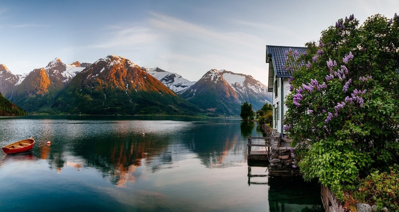 mountains, cold temperature, scenics - nature, fjord, mountain, plant, architecture, boat, lake, flowers, sea, sky, water, day, 720P, tree, snowy peak