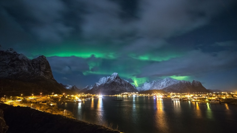 Lights, Norway, Islands, Coast, Lofoten, Night, 1080P, Northern