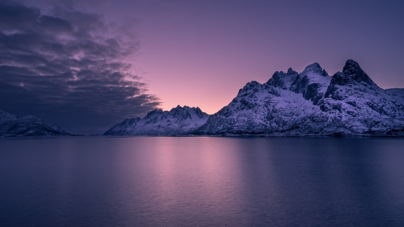 calm, purple landscape, horizon, fjord, archipelago, 4K, dusk, nature, norway, lofoten, purple sky, mountain, sky