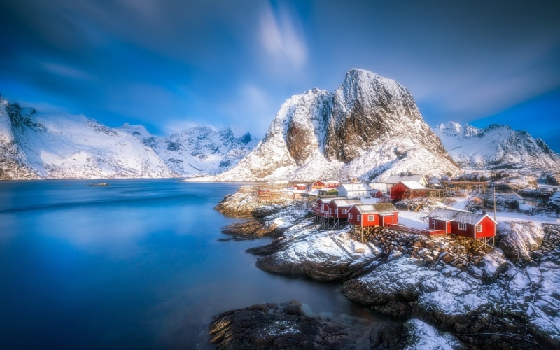 village, Norway, 720P, snowy mountain, cliff, winter, landscape, Lofoten Islands, Lofoten