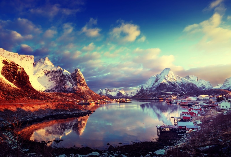 beauty in nature, Lofoten, environment, body, clouds, remote, no people, Sun, landscape, winter, nature, tranquil scene, sky, 2K, mountain, tranquility