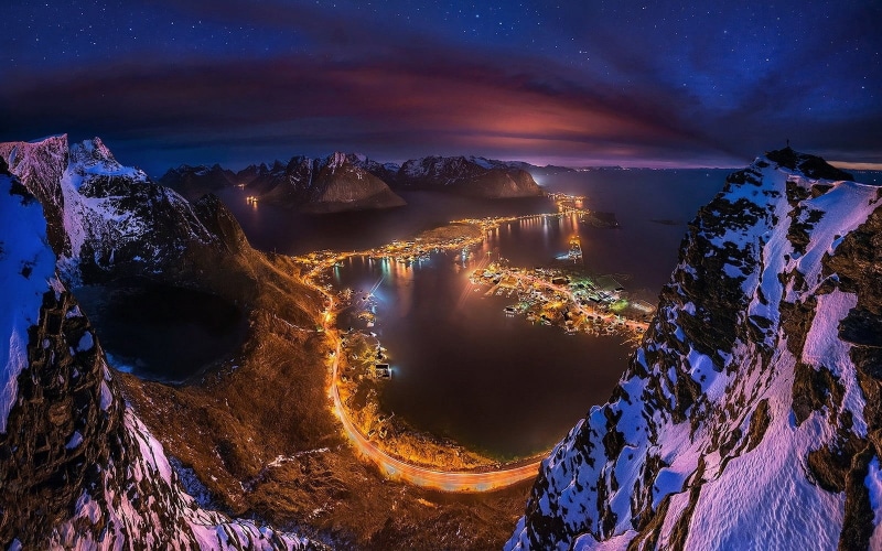 sky, foot, night, water, winter, environment, travel destinations, building, cloud - sky, mountain, cityscape, body, lights, Lofoten Islands, no people