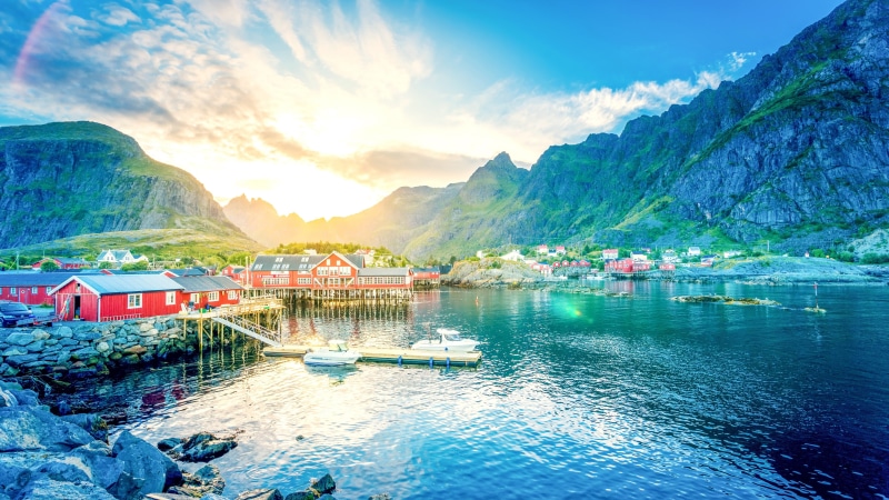 fishing village, village, 5K, fjord, lofoten, europe, norway, mountain, sky, nature