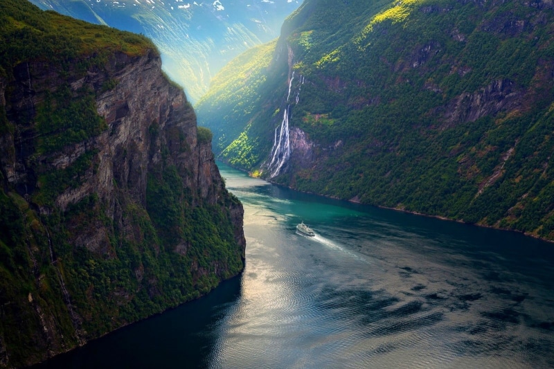 outdoors, tranquility, beauty in nature, water, ship, flowing, scenics - nature, illustration, waterfall, mountains, Norway, surrounded, sunlight, motion