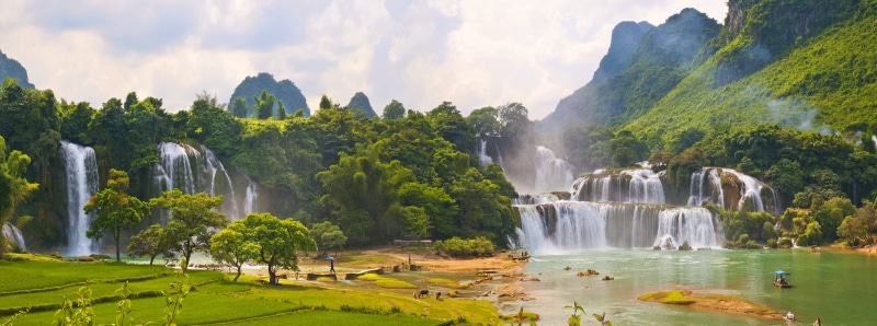 nature, panoramic, tourism, motion, flowing, tree, sky, Ban Gioc Waterfall, waterfall, Viet Nam, idyllic, travel, scenics - nature, 4K, daytime