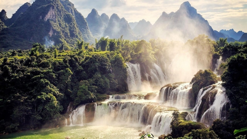 nature, 1080P, travel, beauty in nature, land, tree, forest, rainforest, environment, outdoors, asia, detian waterfall, fog, non-urban scene, no people