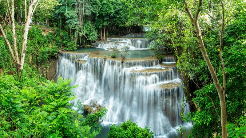 green leaves, creek, water, green forest, huay mae kamin waterfall, tree, waterfall, kanchanaburi, chute, vegetation, nature, asia, huay maekamin waterfall