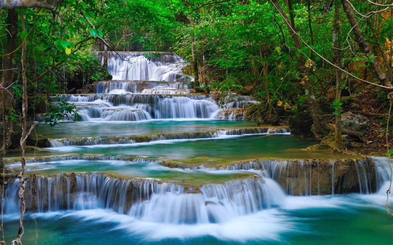 water, background, turquoise, forest, hd, kanchanaburi, 1080P, waterfall, rocks, nature, thailand, green, tropical, cascade