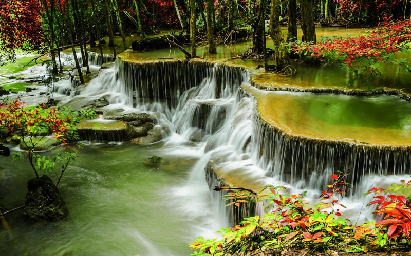 kanchanaburi, scenario, trees, green, thailand, desktop, 4K, water, cascades, huay, khamin, hd, bumps, autumn, waterfall, leaves, red, mae