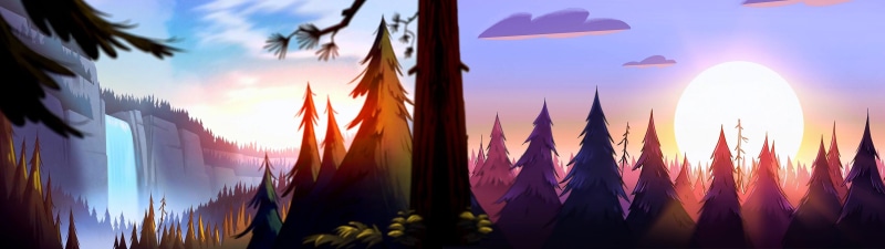 multiple display, waterfall, forest, Gravity Falls, artwork, 4K