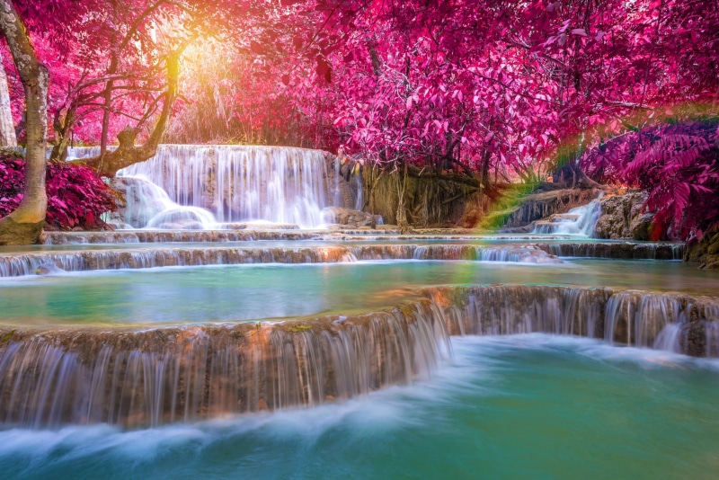 Laos, fall, 2K, rainbows, long exposure, waterfall, trees