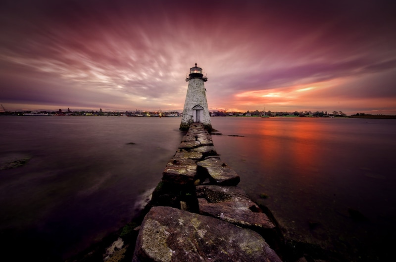 sunset, reflection, no people, rock - object, lighthouse, sky, 1080P, guidance, built structure, nature, building exterior, building, tower, rock, sea