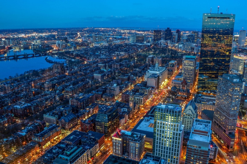 night, atlantique, bay, boston, tower, ocean, boswash, architecture, city, massachusetts, skyline, cities, 1080P, bridges, usa